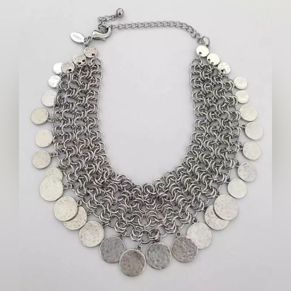 Chico Silver Tone Chainmail Disc  Statement Necklace Nickel Free 12"-16" NWOT